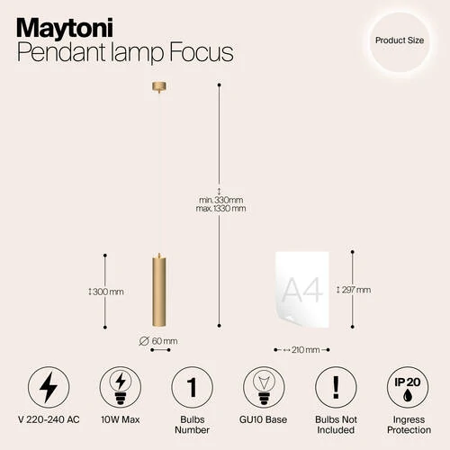 Подвесной светильник Pendant Focus, 1xGU10 Матовое Золото (Maytoni Technical, P075PL-01MG) - Amppa.ru