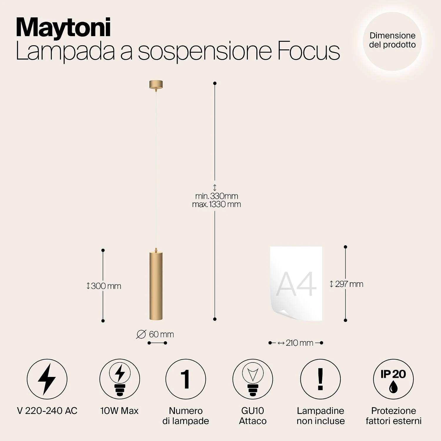 Подвесной светильник Pendant Focus, 1xGU10 Матовое Золото (Maytoni Technical, P075PL-01MG) - Amppa.ru