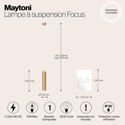 Подвесной светильник Pendant Focus, 1xGU10 Матовое Золото (Maytoni Technical, P075PL-01MG) - Amppa.ru