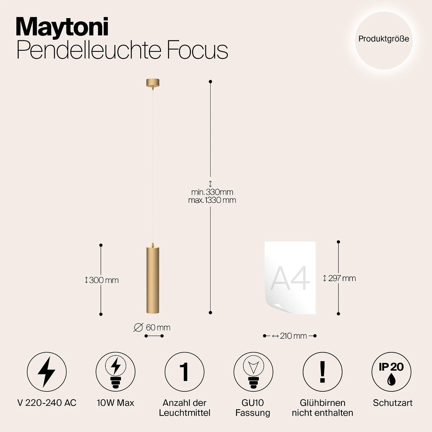 Подвесной светильник Pendant Focus, 1xGU10 Матовое Золото (Maytoni Technical, P075PL-01MG) - Amppa.ru