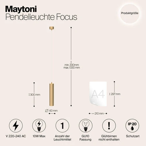 Подвесной светильник Pendant Focus, 1xGU10 Матовое Золото (Maytoni Technical, P075PL-01MG) - Amppa.ru